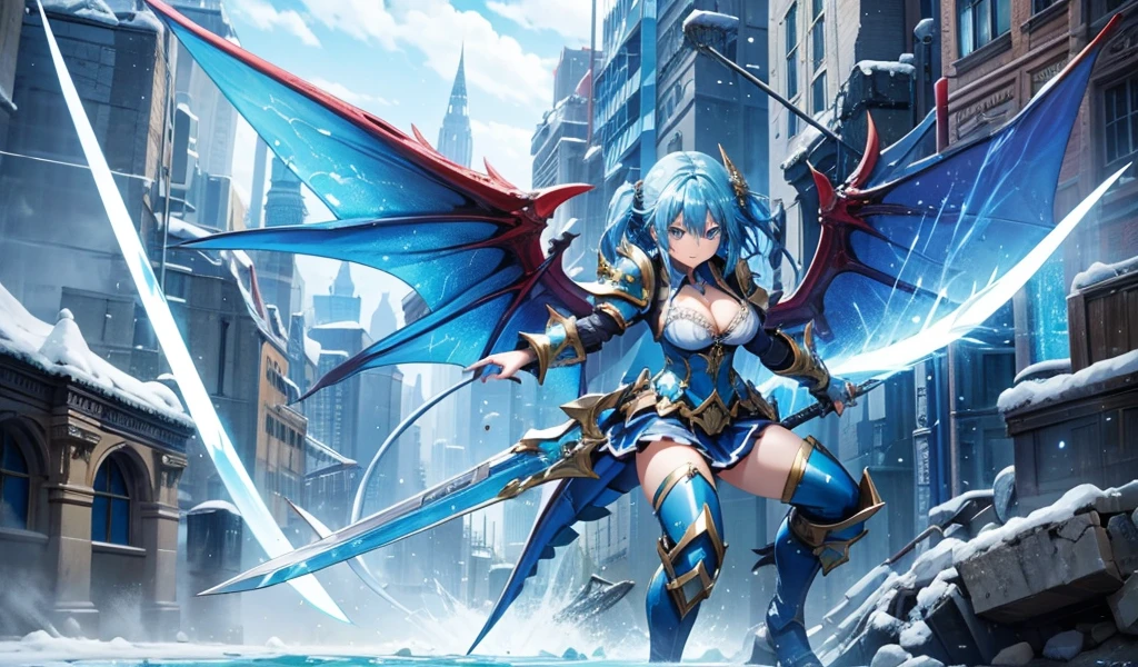 Blue-haired girl，Chest，cleavage，Azure Armor，tights，Dragon Horn，Dragon Wings，Dragon tail，iron skirt，thigh，iron boots，Ice，Sword，Urban ruins