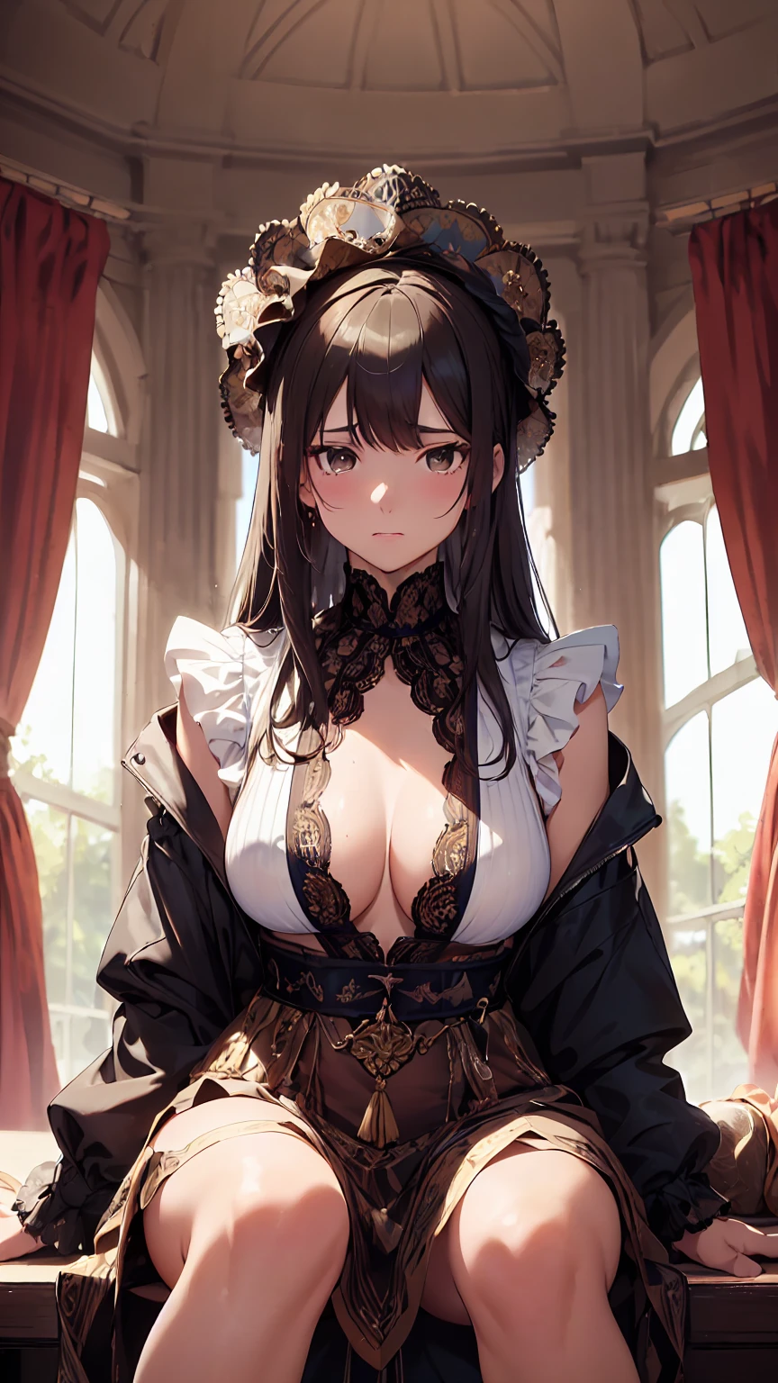 masterpiece, Highest quality, High resolution, one person's, Hamriz, ponytail, Brown eyes,big , Micro Bikini、Beach,Outdoor、Upper body close-up、Muscular body、blush、Sweat、Composition from the front、anime、(((Light blue bikini、Stand in front、audience、 women、sex appeal、Glamour、Facing forward)))