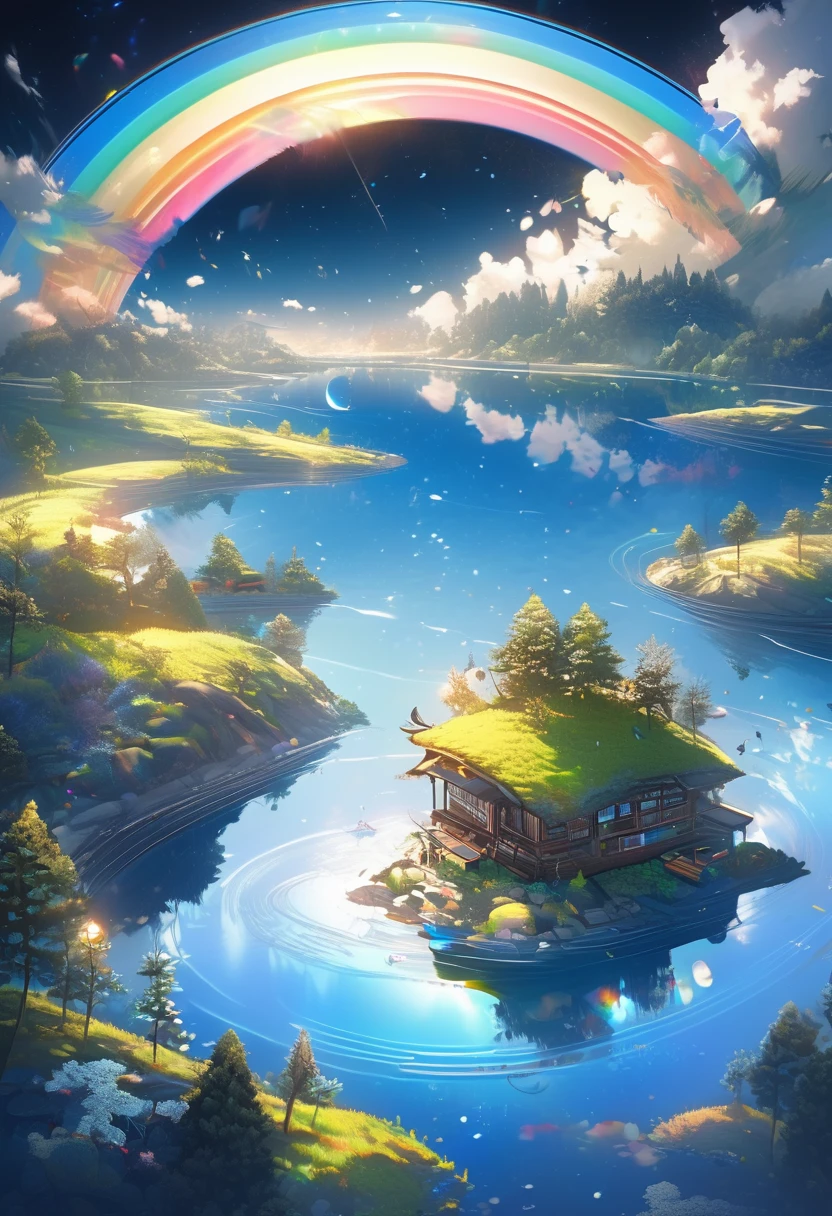 scenery, shooting from above, vivid colored rainbow reflected on a transparent lake, midnight, fascinating blue moon, twinkling ster, ripples, reflection, great nature, {(masterpiece, best quality), (absurdres absolutely resolution), (8k), (detailed illustration), (super fine illustration), (vibrant colors), (professional lighting), detailed beatiful face, detailed beatiful eyes, detailed beatiful hair, nice hands, perfect hands, detailed background, dynamic pose, dutch angle