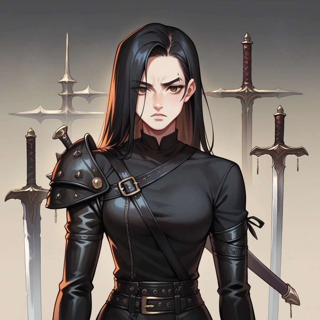 a one woman, 30years, Bblack hair, Brown eyes, arched eyebrow, detailed black leather clothing, a sword at his waist, village background, middle Ages.