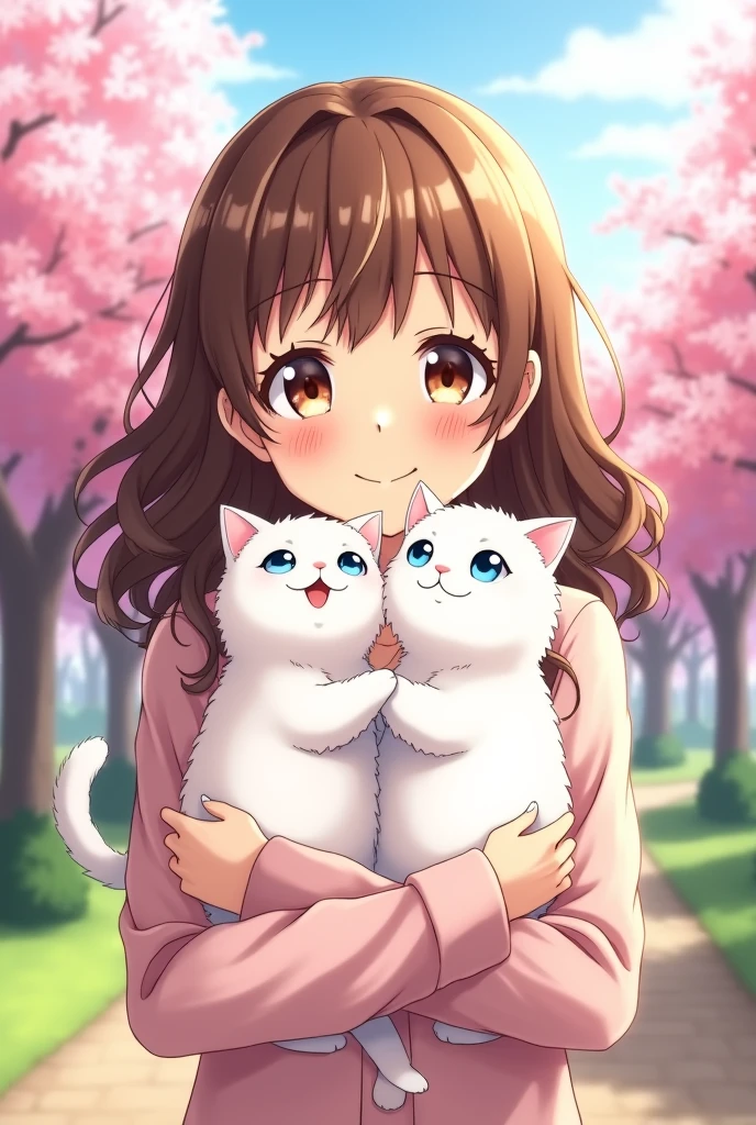 Anime brown hair brown eyes holding two white cats in arms