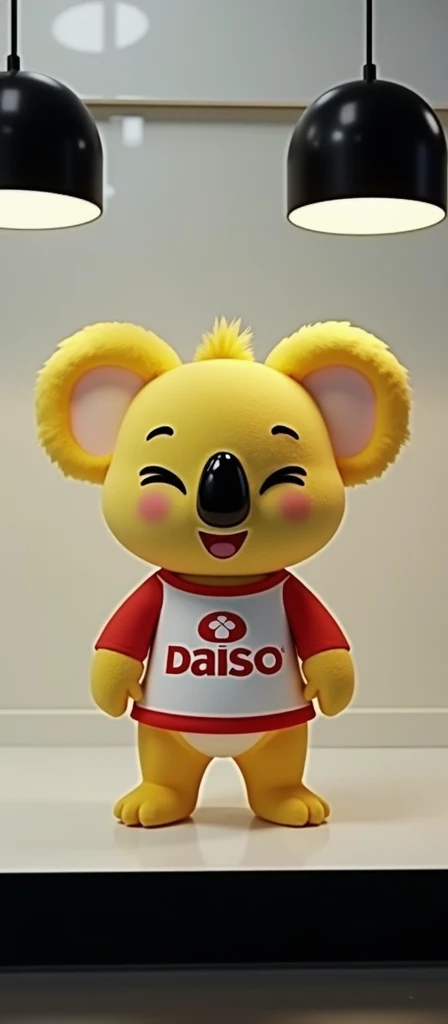 Create a 3D render of a cute and cheerful yellow koala mascot for a store named 'Daiso'. The koala should have large, expressive eyes and a friendly smile, with a soft, plush texture to appear huggable and inviting. It should be wearing a red and white shirt with the 'Daiso' logo prominently displayed on the front. The design should be cartoonish, with rounded, smooth features, making it visually appealing from all angles. The 3D model should have vibrant colors and a well-defined texture, emphasizing the softness of its fur. The lighting should be soft and even, creating a warm and welcoming atmosphere. The background should be simple, such as a plain light color or a subtle gradient, ensuring the focus remains on the koala mascot.