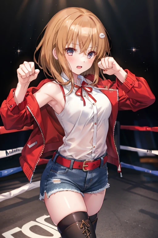 1girl, Boxing punching pose,amane ai, red jacket,wing collar,open jacket,red ribbon,white shirt,collared shirt,long sleeves,button,medium breasts,belt,denim shorts,zettai ryouiki,black thighhighs,high heel boots
