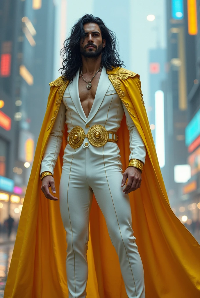 Make a tall strong white man with long black and yellow hair wearing a white and gold futuristic suit and a gold robe
