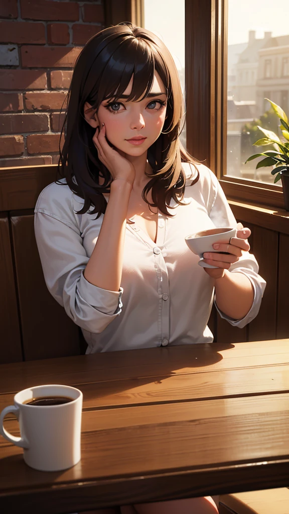 a relaxing morning making coffee, detailed realistic coffee shop interior, warm lighting, cozy atmosphere, 1 woman sitting at a table drinking coffee, beautiful detailed eyes, beautiful detailed lips, extremely detailed face, intricate coffee cup, steam rising from the cup, sunlight streaming through the window, wooden table, brick walls, potted plants, (best quality,4k,8k,highres,masterpiece:1.2),ultra-detailed,(realistic,photorealistic,photo-realistic:1.37),warm colors,natural lighting