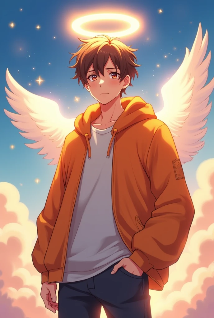Guy with angel halo with orange jacket and brown hair in anime version 18 years old