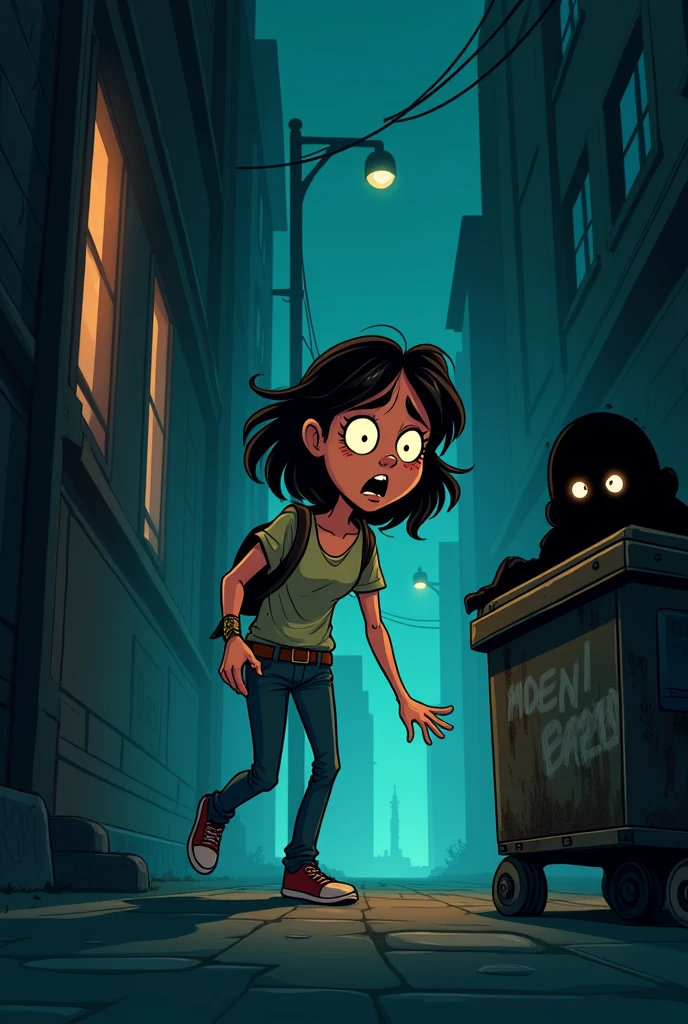 Create a cartoon that generates fear and suspense in the viewer about a young woman walking in a dark alley, scared, and someone small is watching her from behind the same alley