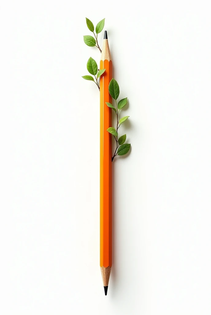 White background pencil vertically direction nib inside floor pencil up side some leaf branch pencil is showing left side of screen. Pencil size is big in size. The pencil sharp side inward and branch of leaf attached out side. Change the pencil sharp side downward dirction. Thickness double
Pencil color orang