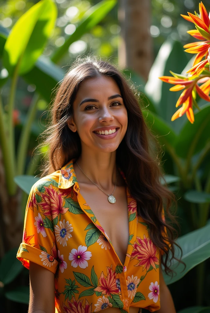 A Brazilian woman in a lush tropical garden, wearing an open shirt with a floral print, with a close-up capturing the harmonious beauty between her breasts and the natural flowers, showing off your natural charm and outgoing personality.