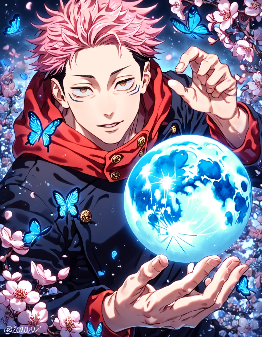 absurdres, highres, ultra detailed, HDR, master piece, best quality, extremely detailed, Itadori Yuji, pink hair, expressive brown eyes, Jujutsu Kaisen, solo, sexy man, handsome, sensual, jujutsu kaisen uniform, red hoodie, fantasy, magical, blue moon, blue flowers, blue butterflies, blue petals, blossoms, water