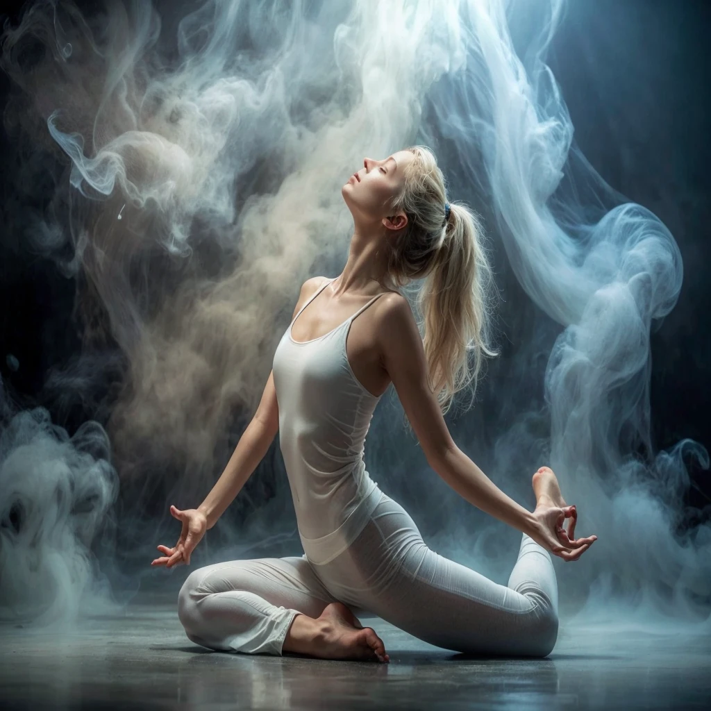 Realistic photographic image of a yogi practicing an innovative asana.
Dynamic pose following the rule of thirds, Fusion of yoga and visual aesthetics.
serene expression, eyes locked.
delicate clothing, She is barefoot
Platinum blonde hair loose in movement.
Enveloped in dense vapors that mingle with the air around her
Deep black background creating high contrast
Lighting highlighting the texture of the skin and fabrics.
Harmonious composition capturing feminine beauty in yoga.
Aesthetic Posture, Approved by art critics and curators.
Ethereal atmosphere with a sense of inner peace.
Elegant modern and impactful visuals when observing this art.