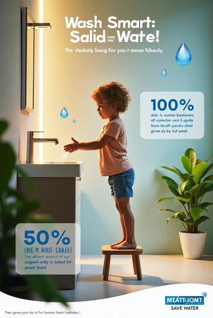 Create an advertisement that illustrates and raises awareness about the use of sensor-activated handwashing faucets to save water and reduce our water footprint.