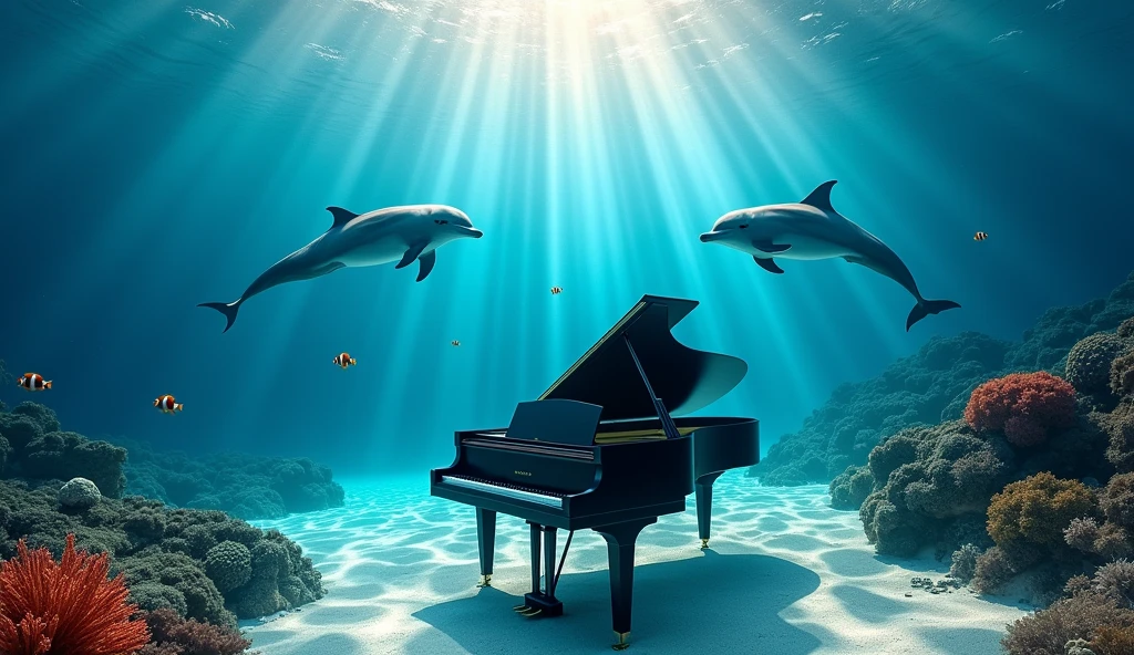 Two dolphins swim out from the depths, a sunken ship is visible. Colorful coral reef "A stunning underwater scene featuring a black grand piano resting on a sandy seabed. Several dolphins swim gracefully around the piano. Sunbeams filter into the clear water from the top right of the screen, creating beautiful patterns on the sand and piano. The overall atmosphere is tranquil and mesmerizing, with the piano standing out against the vibrant blue tones of the ocean. The dolphins are playful and inquisitive, enlivening the serene underwater environment. The image is realistic, capturing fine details of the piano, dolphins, and underwater light effects." A pair of clownfish swim gracefully around colorful coral. Change the composition to a top-down view