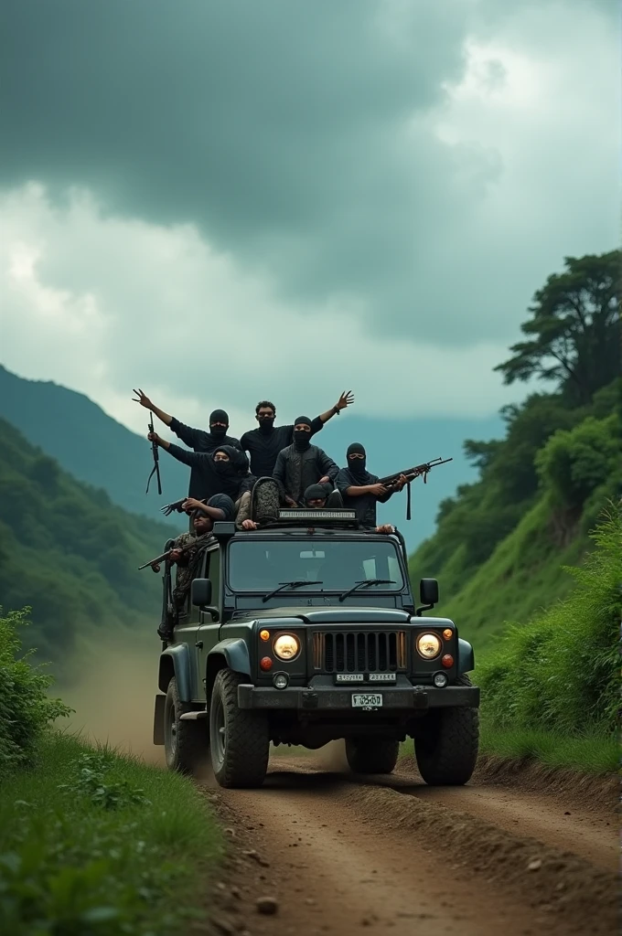 Create a realistic image where some terrorists are attacking 7 travellers, including 2 women and 5 men, on a hill track in Bangladesh. The travellers are in a car. The mongoloid terrorists want to kidnap a woman.