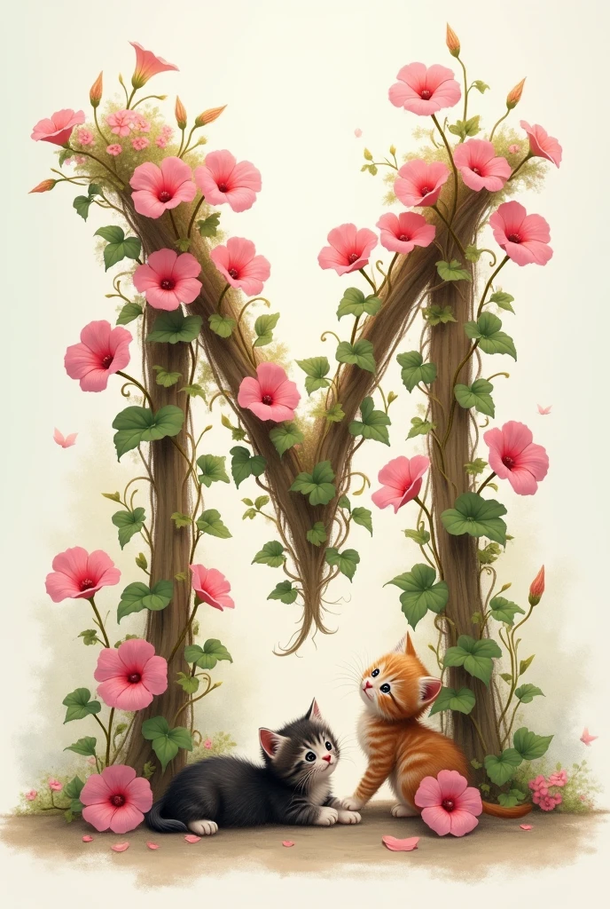 Notes the alphabet ‘M’、Please draw a design like a morning glory vine, in pink.。Part of the vine、Combine cute kittens playing together。The kitten is in a playful pose、Use overall pink tones to create a soft and cute atmosphere.。