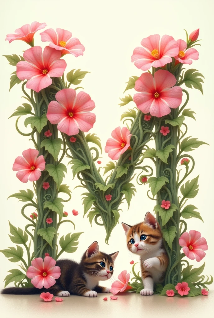 Notes the alphabet ‘M’、Please draw a design like a morning glory vine, in pink.。Part of the vine、Combine cute kittens playing together。The kitten is in a playful pose、Use overall pink tones to create a soft and cute atmosphere.。