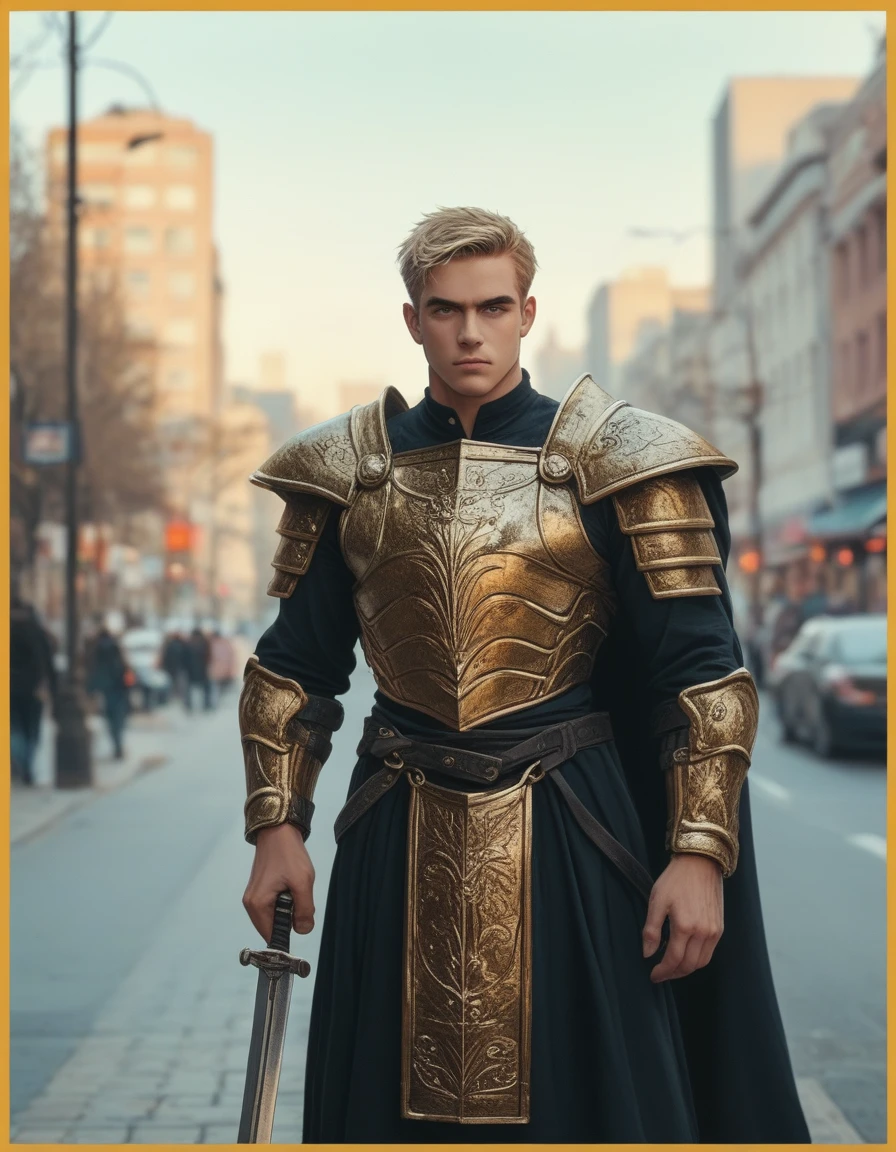 Image is a high-quality, stylized photograph featuring a muscular man standing in the middle of a city street. He is dressed in a shiny, gold-colored armor that covers his shoulders, chest, and legs, with intricate designs. He holds a sword in his right hand. The man has short, blonde hair and a serious facial expression. His skin is fair, and his physique is highly defined. The background shows a cityscape with buildings, trees, and a clear sky, suggesting a sunny day. The image has a yellow border, adding a distinct frame to the photograph. A logo is emblazoned on the armor's chest plate, featuring a stylized cross and the letters 'IG' in a gothic font. The text "Artvision1999" is written in a smaller, italicized font, surrounding the image in a circular or oval shape, blending seamlessly with the yellow border.