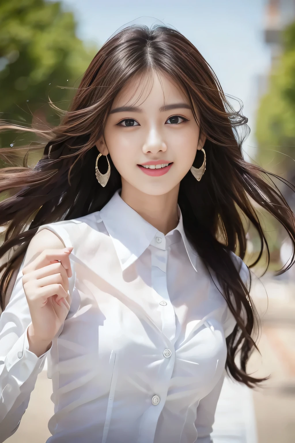 ((Highest quality, 8k, Tabletop: 1.3)), sharp: 1.2, Perfect Body Beauty: 1.4, Slim Abs: 1.2, ((Layered Hairstyles, Medium breast: 1.2)),(Long white shirt with no buttons: 1.1), Highly detailed face and skin texture, Detailed eyes, double eyelid, Profile looking at the camera, Innocent, (Arrest: 1.3)、Cute smile、Big earrings、No sleeve、See-through collared shirt、Long Hair、Hair swaying in the wind、