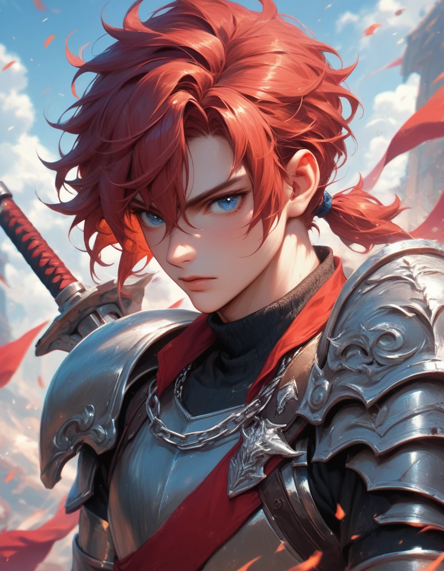A young man with fluffy, shoulder-length red hair, the half of which is tied into a short ponytail, bangs between the eyes. Beautiful face, blue eyes. Iron arm, he is on the battlefield, clothes are black with elements of leather, chain mail and armor. Mature face. Gloomy atmosphere.