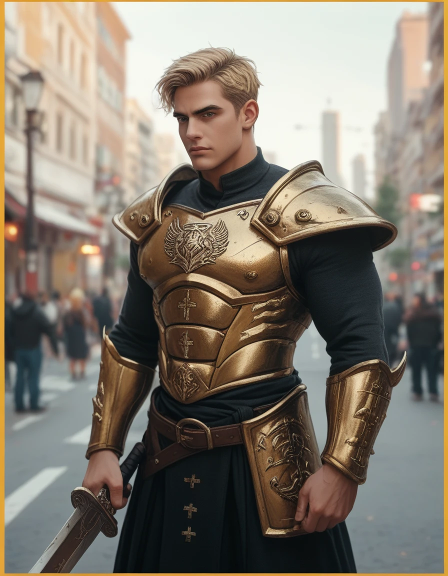 Image is a high-quality, stylized photograph featuring a muscular man standing in the middle of a city street. He is dressed in a shiny, gold-colored armor that covers his shoulders, chest, and legs, with intricate designs. He holds a sword in his right hand. The man has short, blonde hair and a serious facial expression. His skin is fair, and his physique is highly defined. The background shows a cityscape with buildings, trees, and a clear sky, suggesting a sunny day. The image has a yellow border, adding a distinct frame to the photograph. A logo is emblazoned on the armor's chest plate, featuring a stylized cross and the letters 'IG' in a gothic font. The text "Artvision1999" is written in a smaller, italicized font, surrounding the image in a circular or oval shape, blending seamlessly with the yellow border.