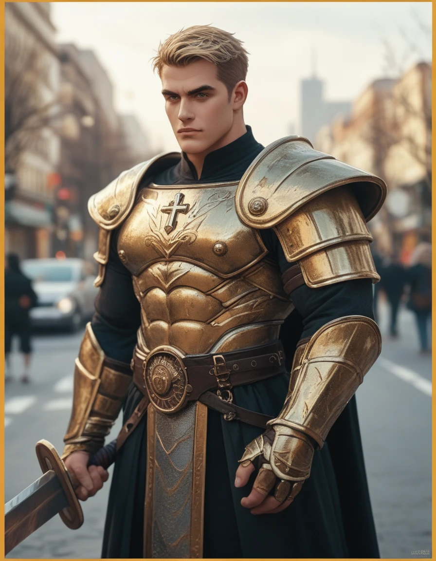 Image is a high-quality, stylized photograph featuring a muscular man standing in the middle of a city street. He is dressed in a shiny, gold-colored armor that covers his shoulders, chest, and legs, with intricate designs. He holds a sword in his right hand. The man has short, blonde hair and a serious facial expression. His skin is fair, and his physique is highly defined. The background shows a cityscape with buildings, trees, and a clear sky, suggesting a sunny day. The image has a yellow border, adding a distinct frame to the photograph. A logo is emblazoned on the armor's chest plate, featuring a stylized cross and the letters 'IG' in a gothic font. The text "Artvision1999" is written in a smaller, italicized font, surrounding the image in a circular or oval shape, blending seamlessly with the yellow border.