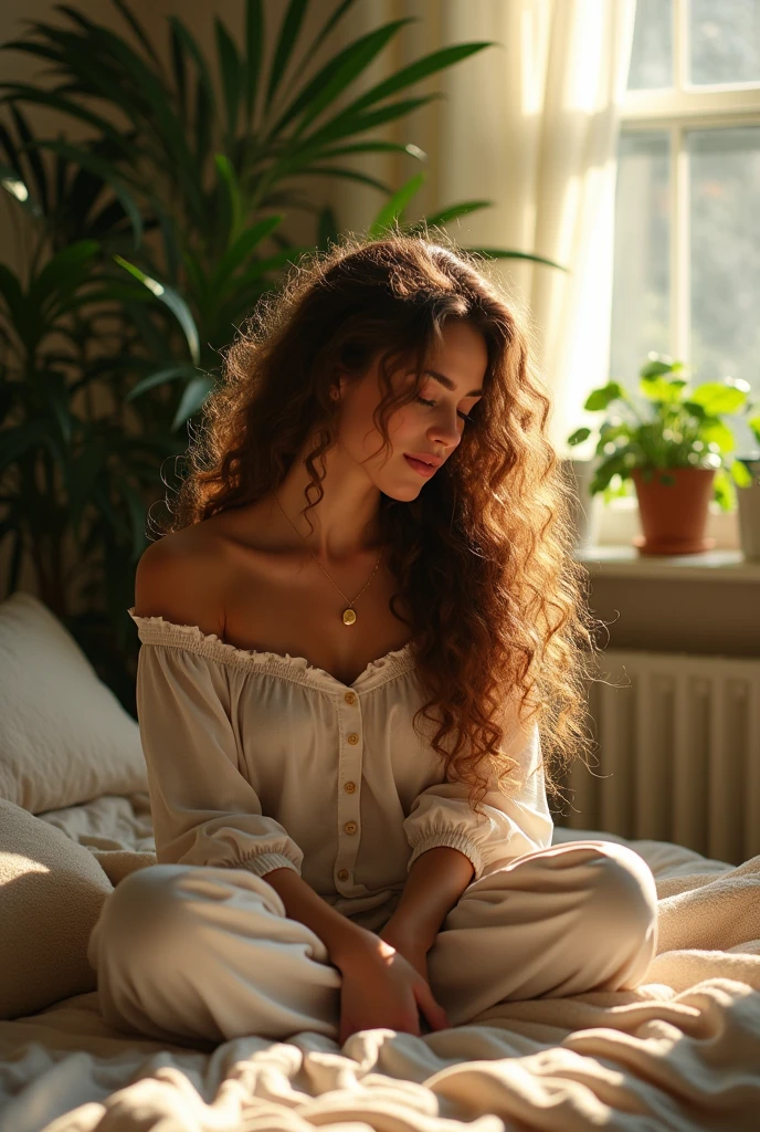(photorealism:1.2), beautiful woman, sitting on bed, wearing loose off-shoulder top, pajama pants, long curly hair, indoors, soft lighting, plants in background, window with sunlight, cozy room, relaxed pose, realistic, intricate details, warm colors, by Greg Rutkowski, by Alphonse Mucha