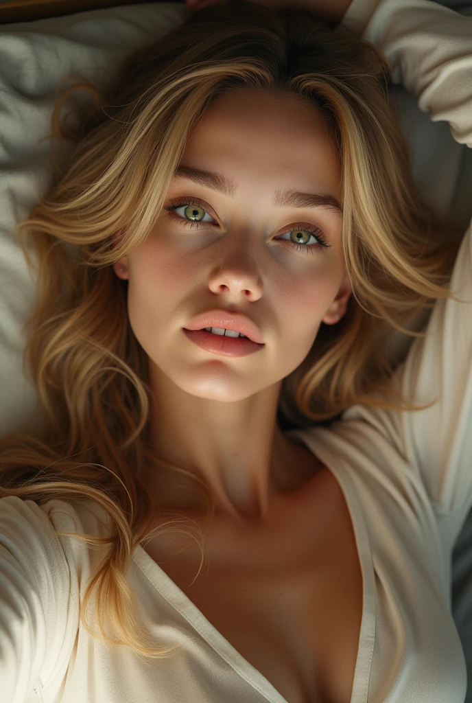 a beautiful girl with blonde hair and green eyes, 20 years old, detailed face, perfect body proportion, lying on the bed, selfie, detailed skin, detailed hair strands, detailed clothing folds, soft lighting, warm color tones, highly detailed, photorealistic, 8k, (best quality:1.2), (realistic:1.37), masterpiece