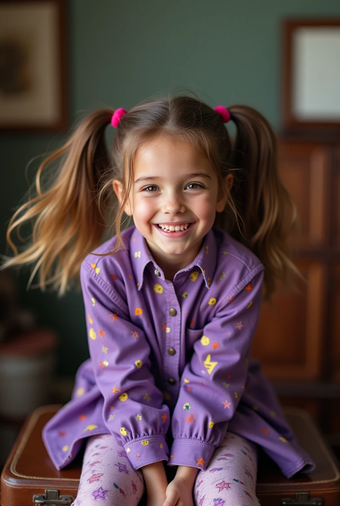 Brown Hair I Real Front tooth chipped Twin tails sitting on a suitcase Low quality image indoor Iris american purple clothes
