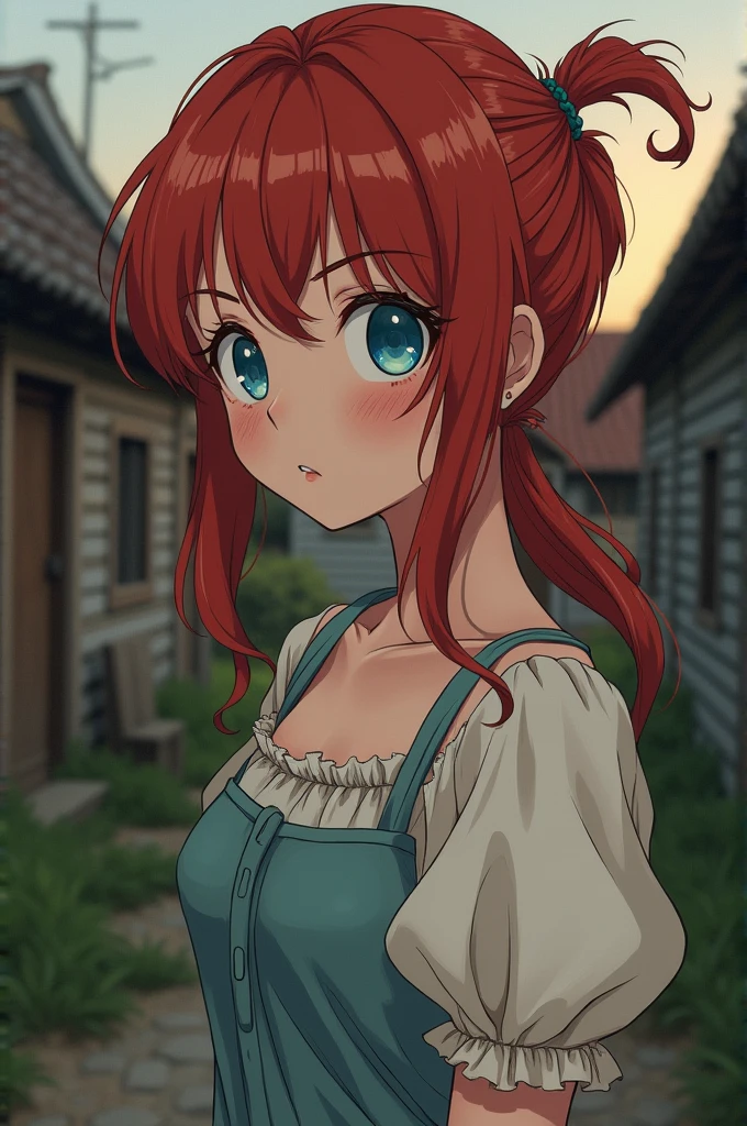 Shingeki no Kyojin character, Female gender, peasant dress, large sky-blue eyes, pale skin with freckles, slim body and small breasts, red hair tied back with messy bangs and low-cost merchandise, full body in a sexual position.