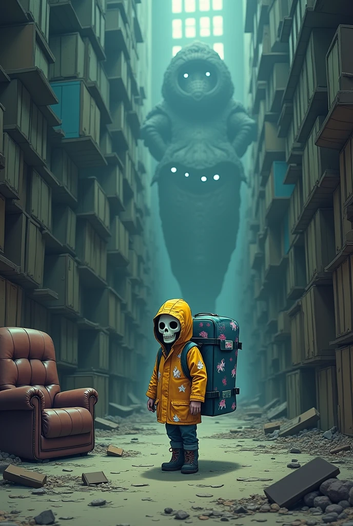 Imagine a tiny traveler carrying an enormous backpack on their back. They're wearing a raincoat with unicorn details. It's impossible to see their face, hidden behind a skull mask. They're so small, so incredibly tiny, that the place they're in feels immense. The furniture is larger than them, towering over their small frame. The place seems abandoned, desolate, with only white eyes watching them from the darkness. The image should be in an anime style.