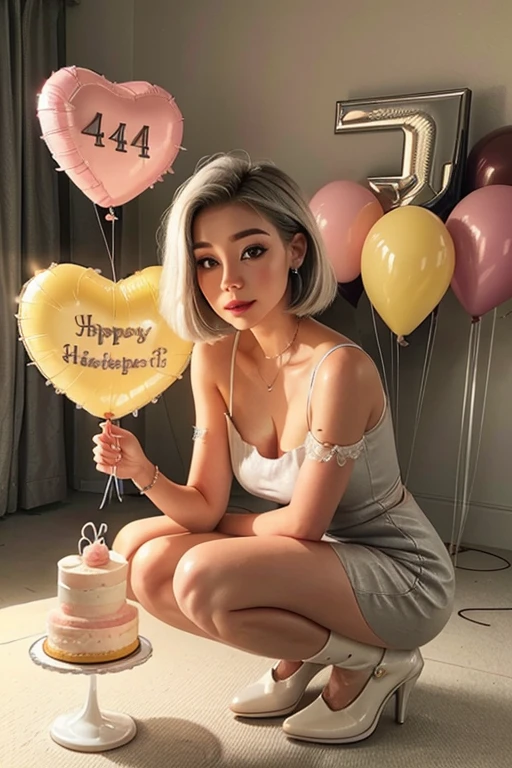 A picture of a beautiful woman with short, straight, gray hair wearing a light yellow party mini dress with beautiful rose details on the shoulders, squatting with a beautifully decorated cake blowing out a candle with the number 41 on top of the cake with many colorful 3D heart-shaped balloons..