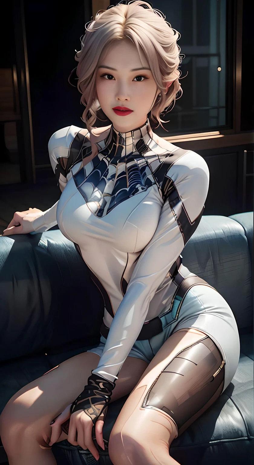 A cinematic masterpiece unfolds as Gwen Stacy a heroic figure from the Marvel parallel universe, sits majestically on a couch, her silver-gray hair cascading down like a river of moonlight. Her striking white Spider- Woman costume glistens with intricate spider textures, as if alive under the exquisite lighting and shadows that dance across the scene. The dynamic pose exudes confidence and power, framed by a wide-angle shot that showcases every detail. The 8K resolution masterpiece is a visual feast, worthy of standing out in its class.