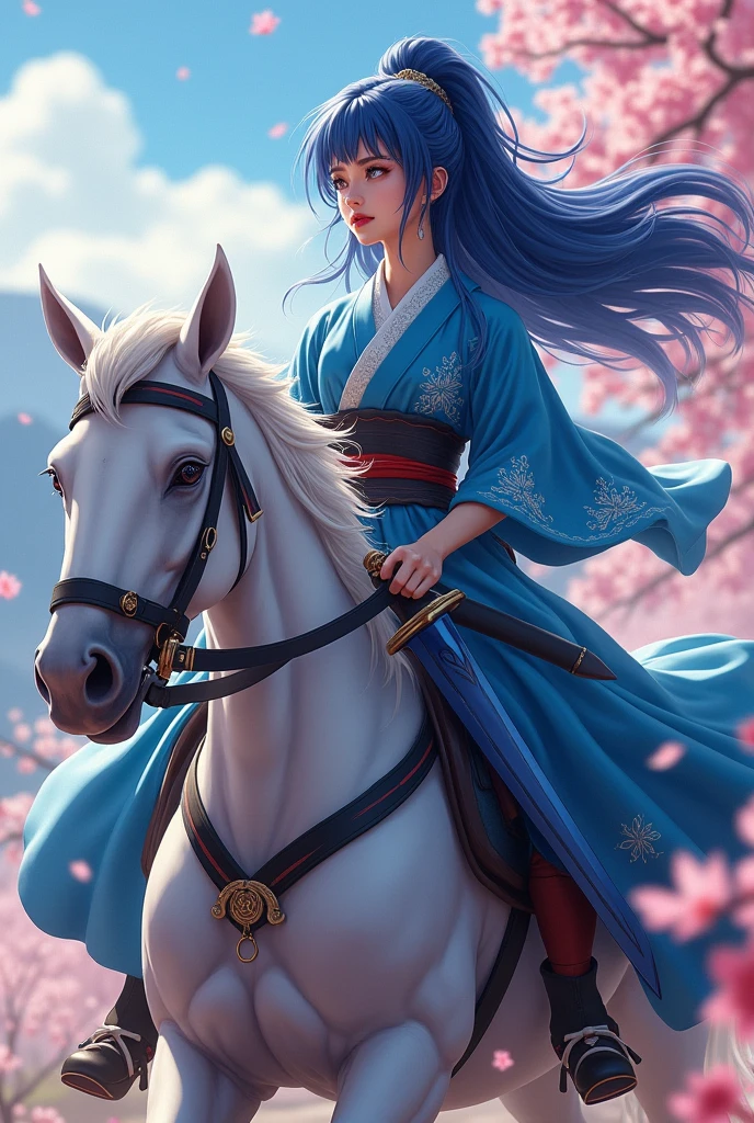 (photorealism:1.2), Demon Slayer beautiful girl with long blue hair and red lips.wearing blue haori and dark blue sword.riding a horse.