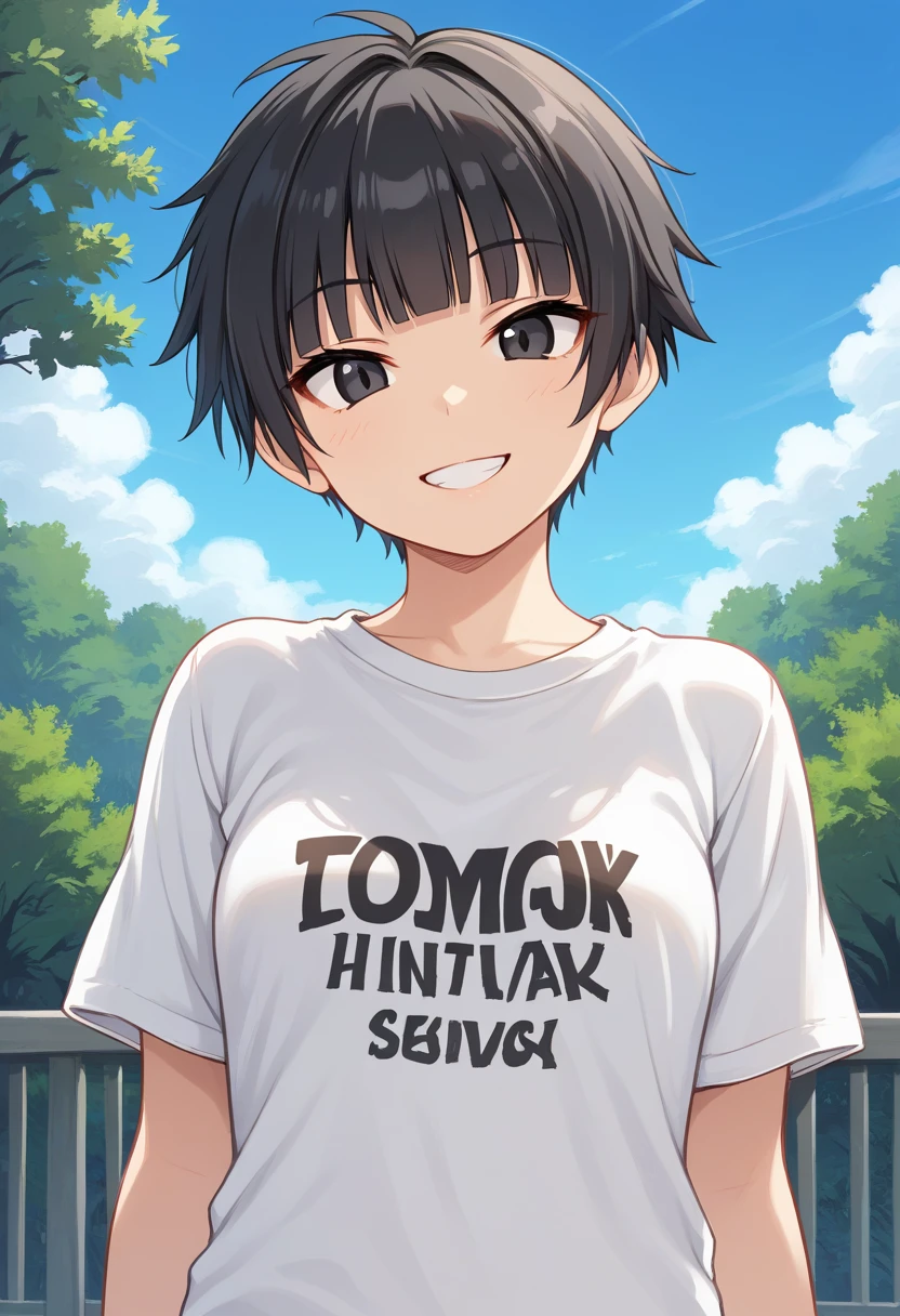 1girl, solo, tomboy, straight hair, short hair, blunt bangs, black hair, score_9, black eyes, white t-shirt, jeans, outdoors, upper body, looking at viewer, smile