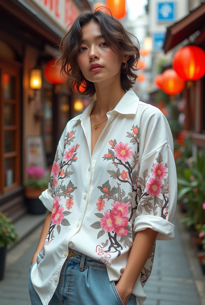 White oversized shirt printed with something related to Japanese culture 