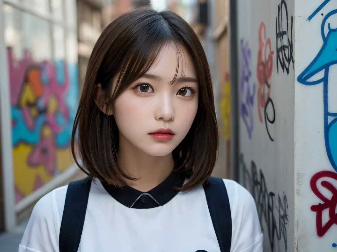 (best quality), Masterpiece, Very detailed CG 8K uniform illustration, colorสูง, extremely colorสูง saturation, ทุกcolorมีความลึกยิ่งขึ้น, color, graffiti art, Middle element, Very detailed light and shadow, graffiti wall, wall colored bright, 1 girl graffiti 1 girl looking at the wall, Very detailed face and eyes., medium length hair, sportswear, เมฆcolor