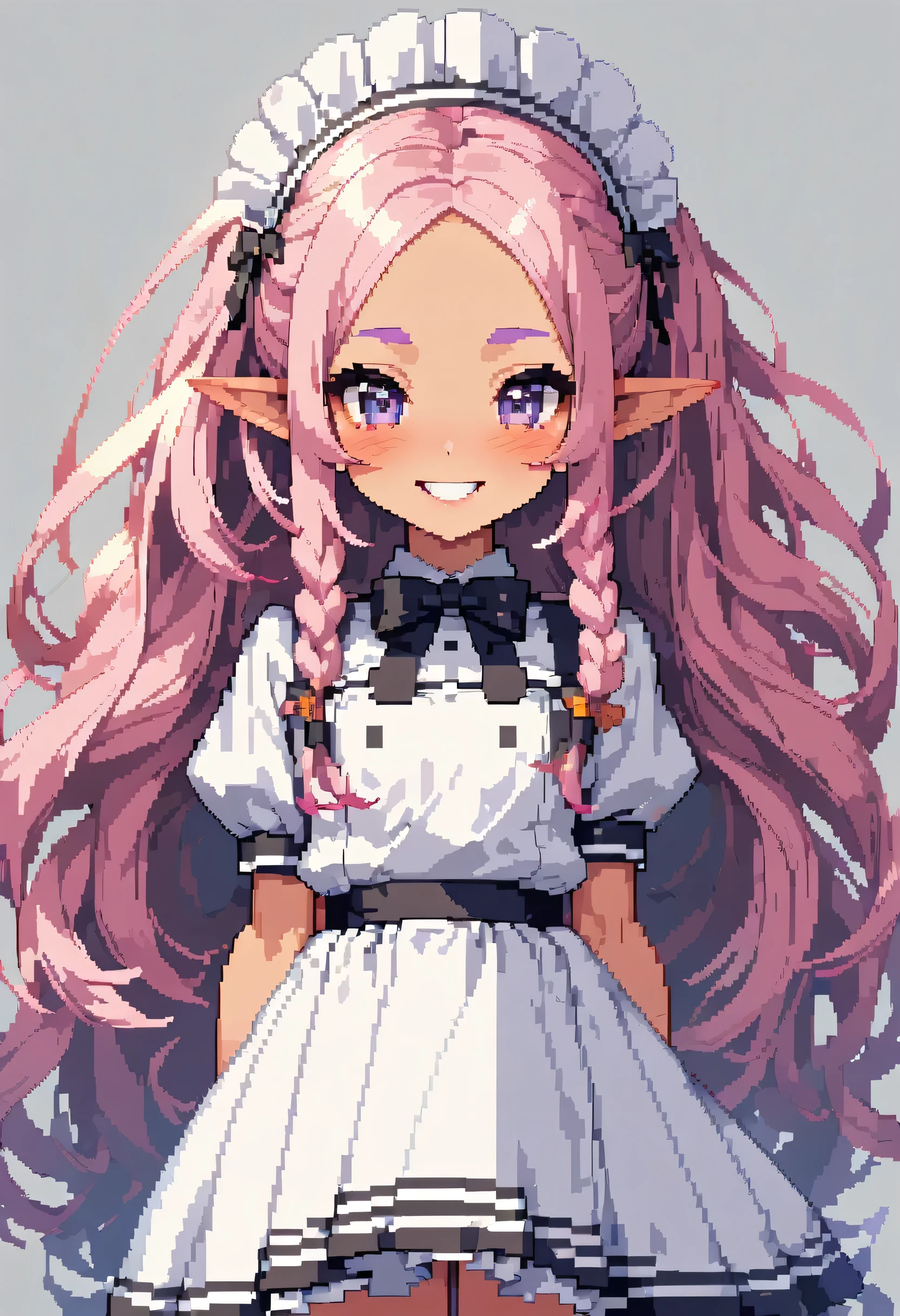 (8-bit pixel art style) (solo:2, 1000 yo), (beautiful detailed Sunburn skin:1.4) (immensely beautiful elf woman) (Dreadlocks;1.6 pink hair long hair) (beautiful smile) (glossy lip, grin mouth) (small tits), in a detailed master maid uniform, break, background white, BREAK, perfect anatomy, masterpiece, best quality, beautiful detailed 8-bit pixel, daydreaming expression.