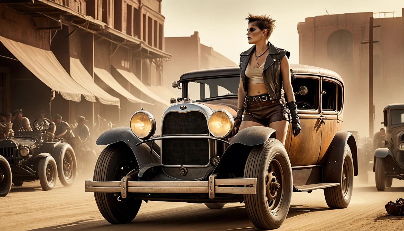 ((Very old photograph only in sepia color)), in low-angle frontal view, ((a punk woman in short shorts and leather top standing, still holding a large wrench as the central character)) and ((on the sides of the poster, a chaotic jalopy racing scenes from the 1920s)), still a ((Mad Max cinematic universe from the 1920s)). 1920, inspired by the work of Fritz Lang)), in a decadent dystopian setting of the 1920s. Directed by Fritz Lang. ((Motion Picture)), Ultra Detailed, Chiaroscuro, Complex, Sharp Focus, 1920s Object Texture, Studio Shot, Intricate Details, Highly Detailed, Photo Real Style, Hyper-Realistic, High Dynamic Range, B&em, realistic textures, 8k UHD, Nikon D 850, Portra Kodak 400, fujifilm XT, 3D rendering