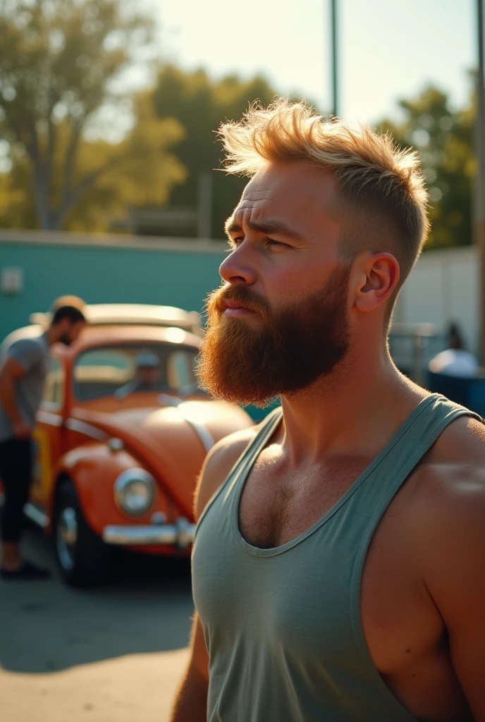 white male, fatter, hair blonde, short red beard, Sad with tears in my eyes. In the background, my girlfriend's weightlifting coach changing a tire on a Beetle.