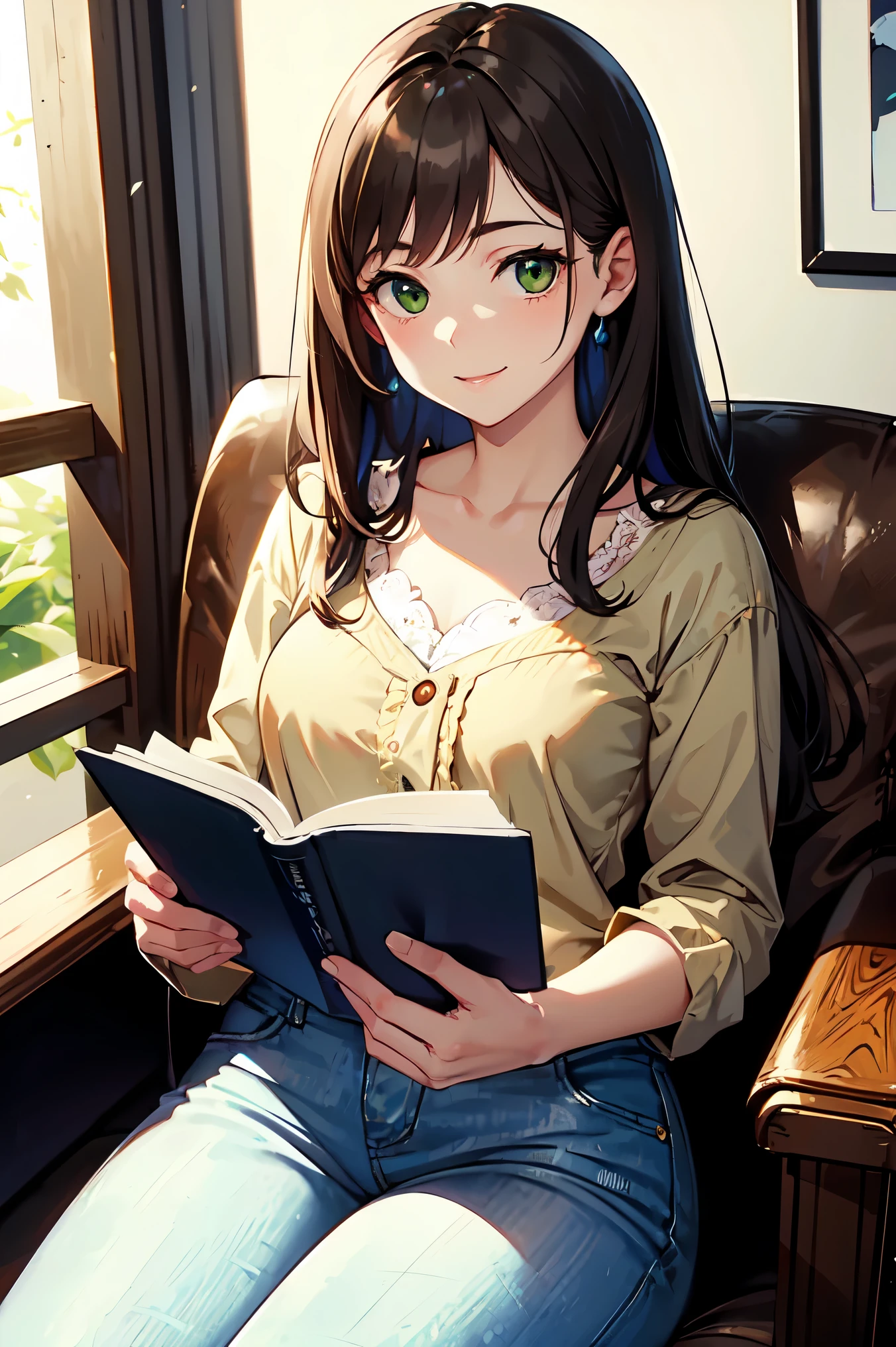 masterpiece, Highest quality, Very detailed), Portrait of an 18 year old woman with light brown hair, Green round eyes, Beige blouse and blue jeans、Smiling Blue Shorts、Reading the Brown Book - Auto Ultrarealistic -  