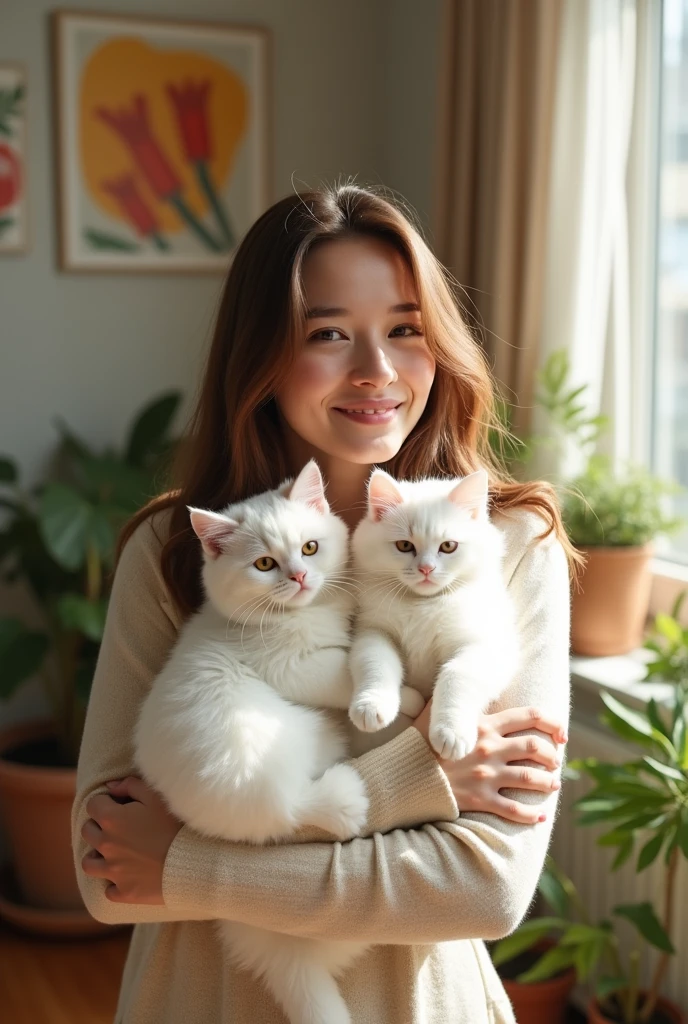  brown haired brown eyes holding two white cats in her arms