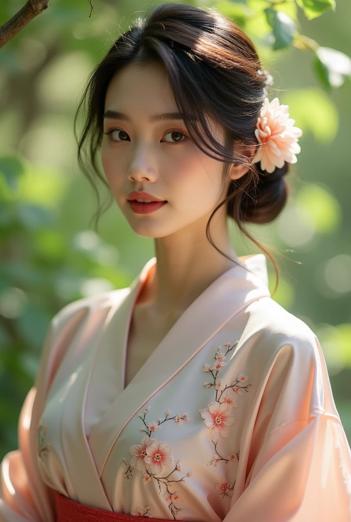 An elegantly dressed Japanese woman in natural light、A close-up of her chest and calm expression.、It shows her inner peace and outer charm.。