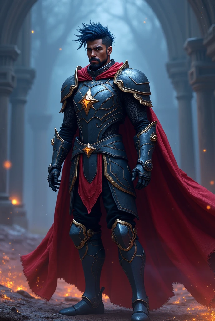 Create a full-body image of a paladin named Redfield. He is a Black man with spiky dark blue hair, a goatee, long sideburns, and a faint mustache starting to grow. His armor is dark bluish-gray with bodó-colored outlines, and he wears a reddish cape with bodó-colored trim.
