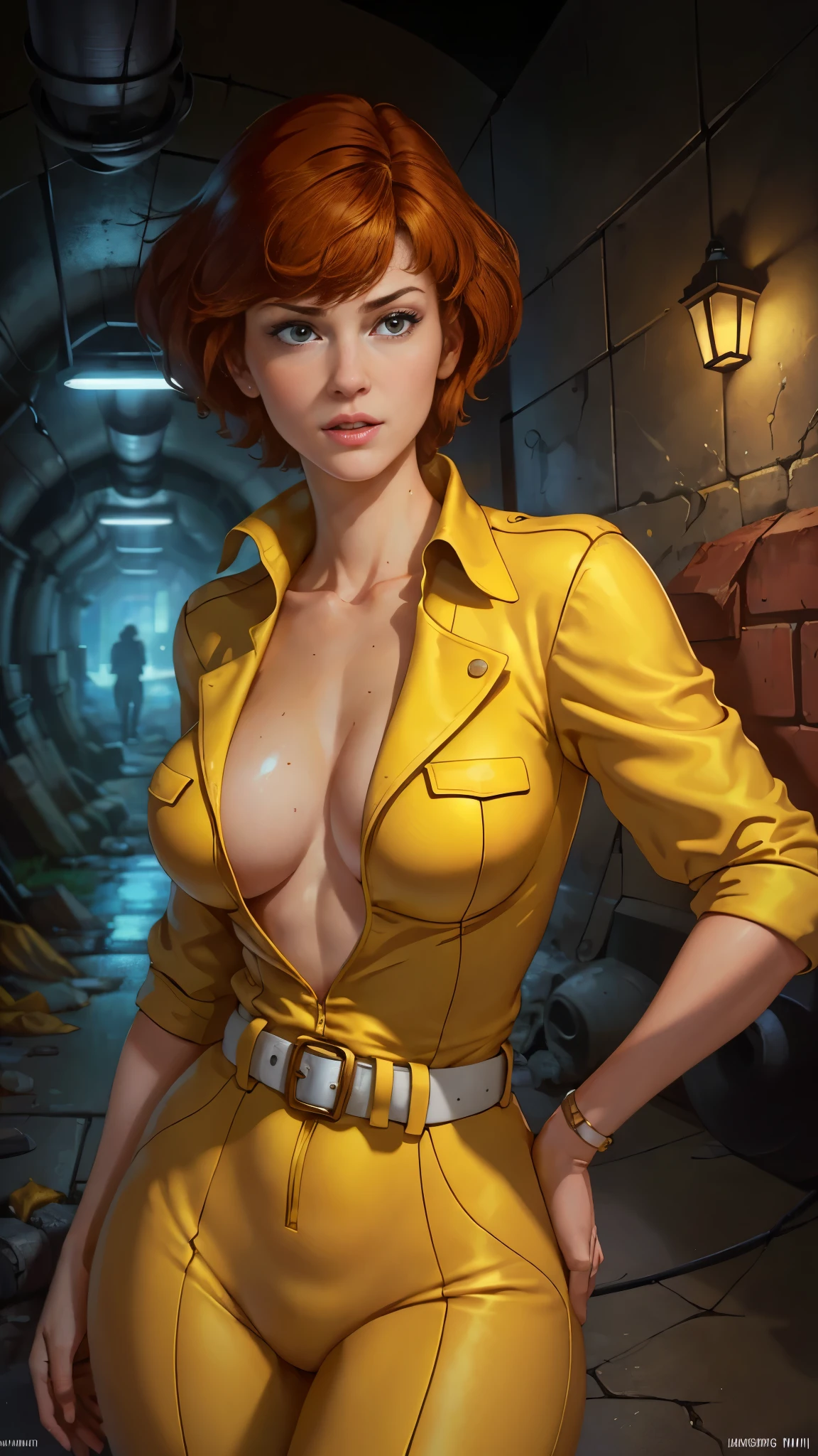 unreal engine:1.4,UHD,The best quality:1.4, photorealistic:1.4, skin texture:1.4, masterpiece:1.8,Posing behind April O'Neil waifu, 1980s \(style\), 1 woman, brown hair, Red hair,short hair,orange hair,serious expression, worried expression, Retro art style, short hair, only, female television reporter, yellow jersey suit, white belt,jersey suit on yellow hips, (naked_old: 1.2), half_old, neckline, hyperrealistic eyes, beautiful eyes,detailed eyes, realistic face, beautiful woman woman, realistic background,Inside a cyberpunk sewer tunnel, Amazing lights, amazing background, TV reporter, high quality, (RAW photo, best quality), (realistic, photorealistic: 1.4), (extremely delicate and beautiful: 1.4), amazing, fine details, masterpiece, ultra detailed, high resolution, best illustration, best shadow, intricate, ( extremely intricate: 1.2), (exquisitely detailed skin), cinematic light, perfect anatomy, (cool color: 1.4), sharp focus, 8k UHD, DSLR, (Fujifilm XT3),