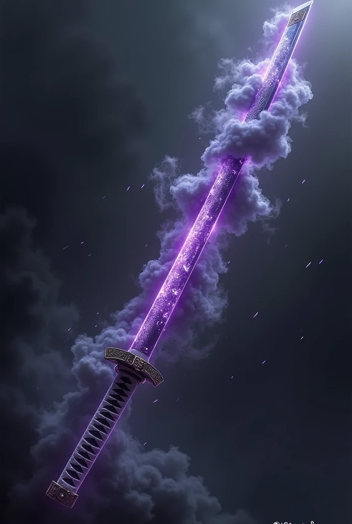 A double-handed katana with the translucent blade wrapped in black clouds, The blade also has a black and purple aura. The handguard is a purple cloud. The hilt is long and white with black details.