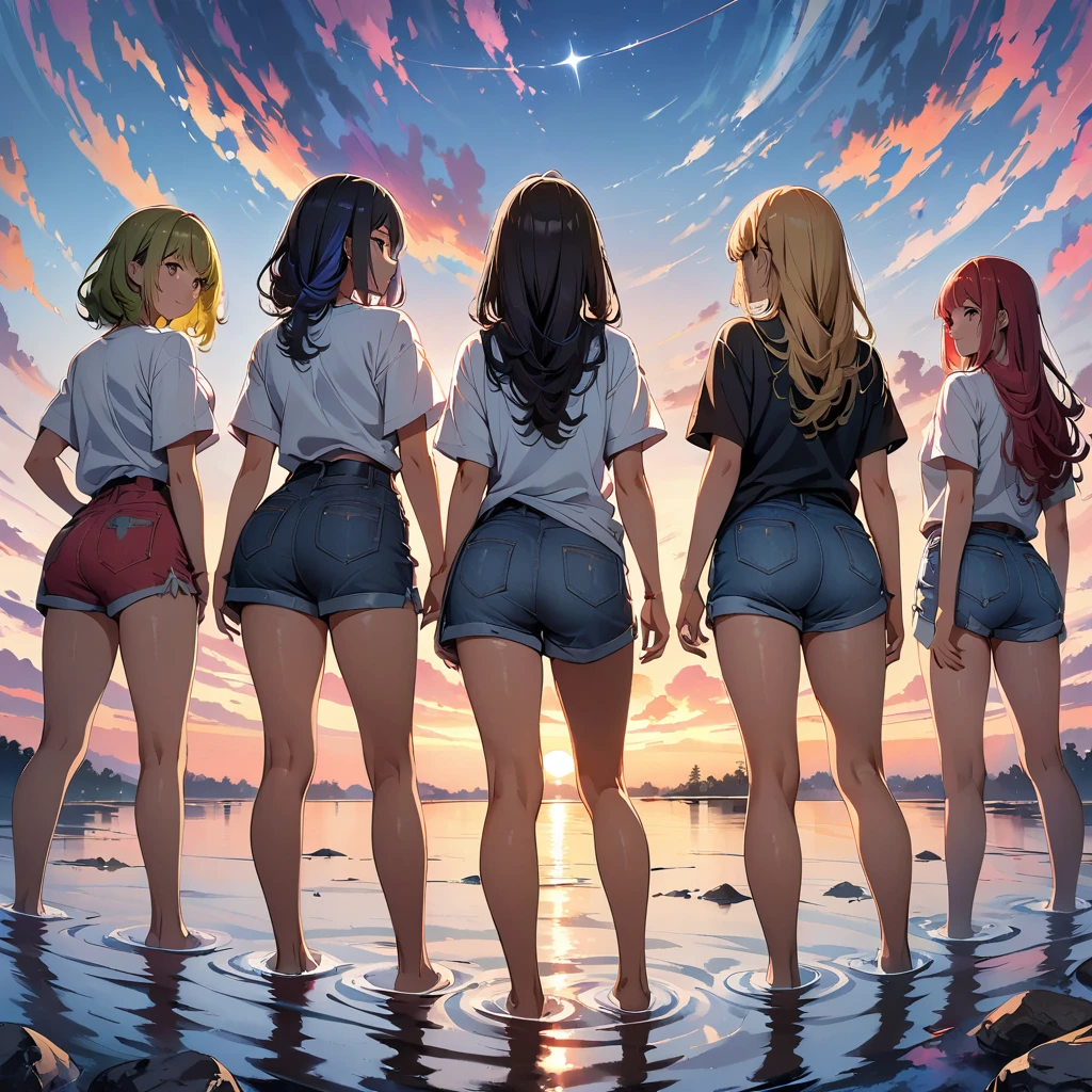 official art, unified 8k wallpaper, super detailed, masterpiece, Best image quality，super wide angle，evening，(five slim girls are standing side by side:1.5)，black t-shirt and jeans shorts, rock stars, Standing in the pond，(Backlit:1), water is like a mirror，reflecting the sky。look up to the sky，Colorful sunset，Dynamic angle, grace, bright colors, from behind