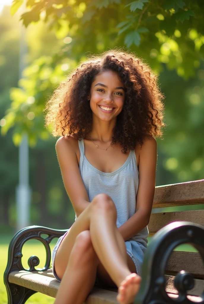 A brunette girl with curly hair and big breasts sits with her legs stretched out, taking a realistic photo