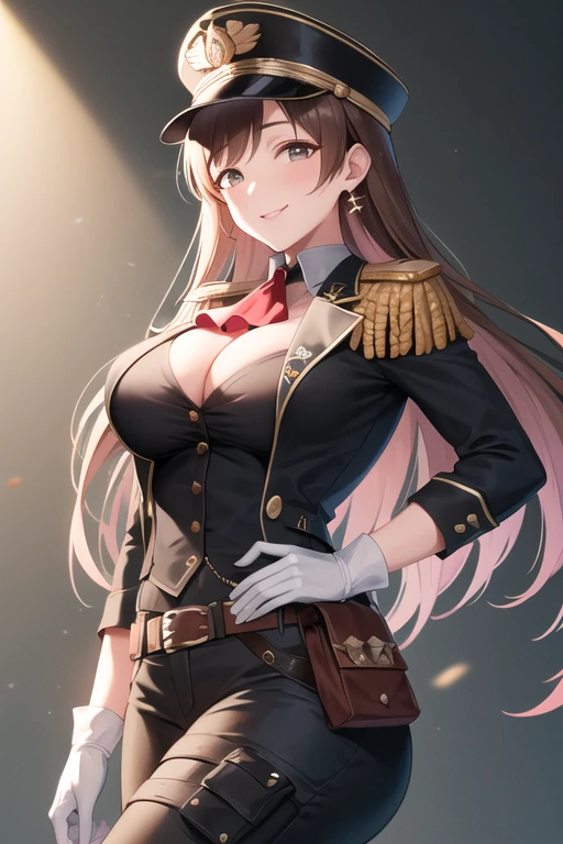 masterpiece, best quality, highres, aanitta, (very long hair), (black peaked cap), earrings, big breasts, cleavage, muscular body, military uniform, epaulettes, badges, (black shirt:1.2), (gold trim), (bulletproof vest), (red ascot), black sleeves, long sleeves, (black cargo pants), utility belt, (belt pouches), cargo pants, (white gloves), cowboy shot, (smile), facing the viewer, looking at the viewer, (simple dark background), blurry background