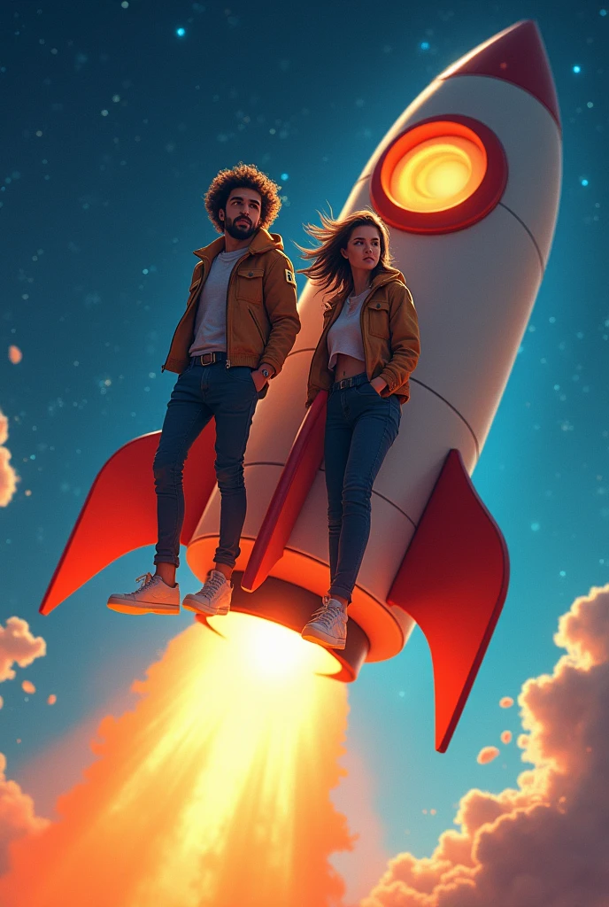 Create an image of two human characters standing on top of a rocket. Both characters should be looking to the side. The rocket is flying and has orange details. The characters are wearing human clothing, and their bodies are also human-like. The image should be in PNG format with a transparent background so that I can later replace the faces using another AI.
