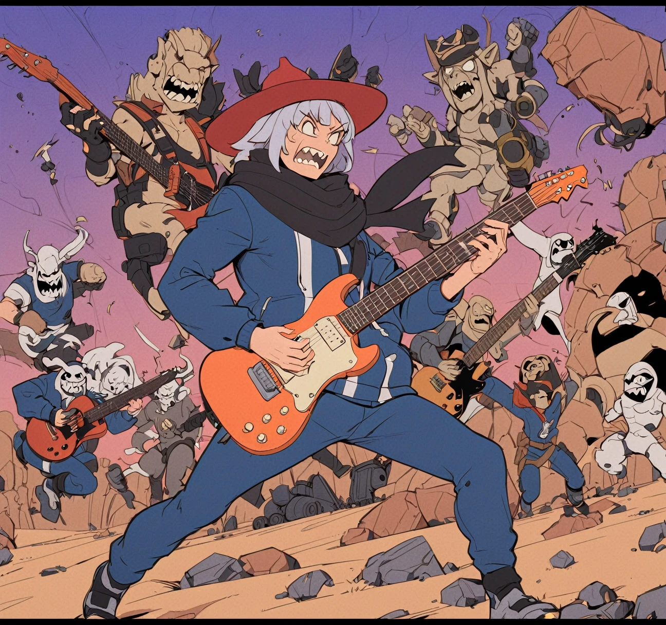 White Pangolins Beetle, Circle Eye, Zig zag Mouth, Creepy Spike Teeth, Fez Hat, blue tracksuit, Black scarf, by Guillaume Singlin and Kaeit VanDorn \(skchkko\), Swinging an electric guitar, Rock, guitarist, Folding a guitar, Angry, An absurd life, rage, Scream and break your guitar, a desert full of old machinery, HeavyMetalStyle